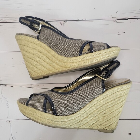 Banana Republic navy blue jute sling back peep toe wedge heels size 7 - Picture 6 of 8